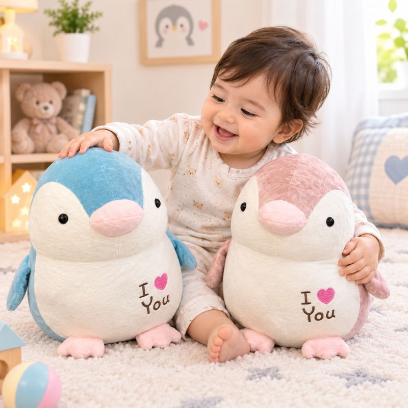 A baby sitting on a carpeted floor holding two plush penguin toys. 