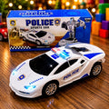 A white and blue toy police sports car