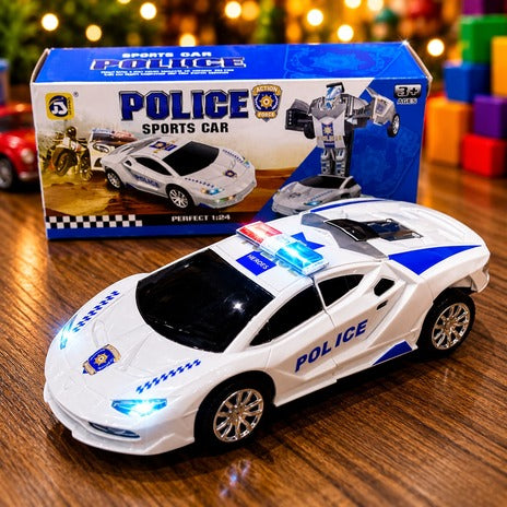A white and blue toy police sports car