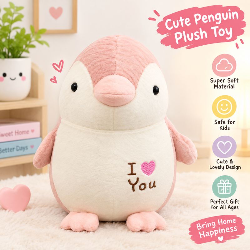 A cute pink and cream plush penguin toy 