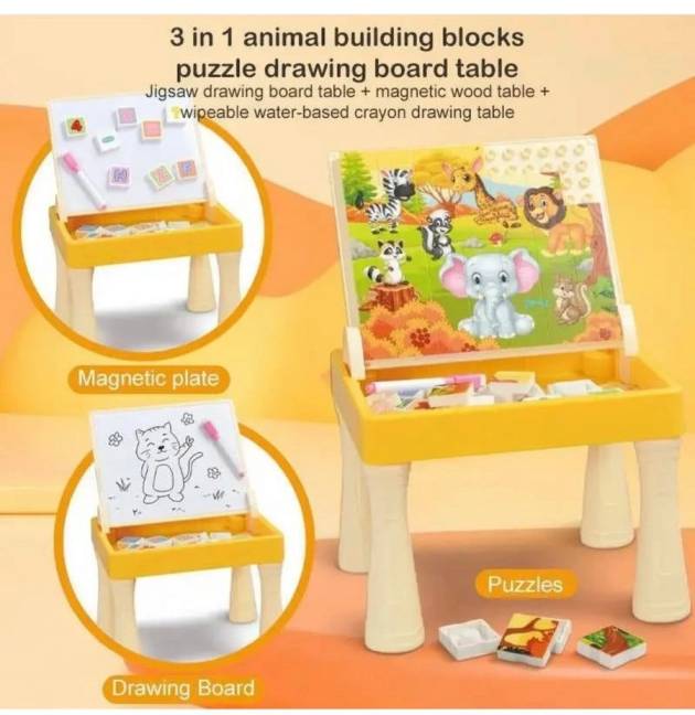 A children's 3-in-1 animal building blocks puzzle drawing board table